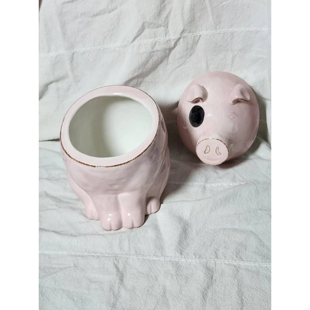 Pink Ceramic Pig Cookie Jar Hand Painted Spotted Farmhouse Kitchen Decor 9.5in